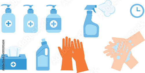 Cleaning and hygiene icon set with sanitizer bottles, spray cleaner, tissues, rubber gloves, and handwashing illustration for health, sanitation, and disinfection concepts