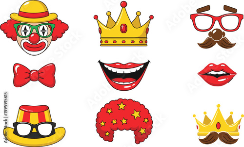 Clown and party costume icon set featuring funny face, wig, crown, glasses, bow tie, lips, mustache, and hat for carnival and celebration themes