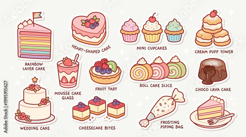A delightful collection of various sweet desserts and pastries, including cakes, cupcakes, tarts, and more, presented in a charming illustration style.