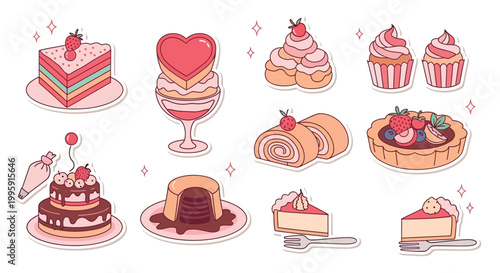 A delightful collection of sweet desserts, including layered cakes, cupcakes, tarts, and pastries, perfect for any celebration.