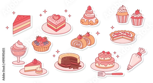 A delightful collection of pink and red desserts, including cakes, cupcakes, pies, and pastries, arranged artfully on a white background with sparkling accents.