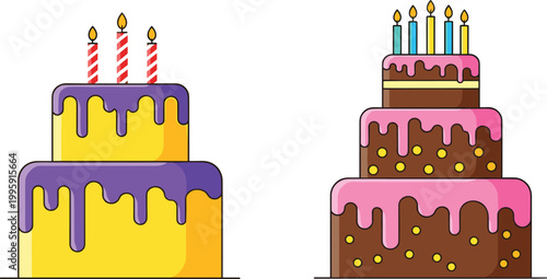 Colorful birthday cake icon set featuring dripping icing layered cakes with candles for party celebration, anniversary, and festive dessert design concepts