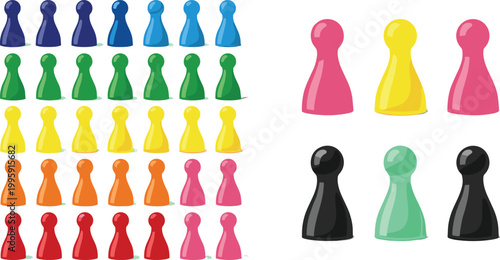 Colorful board game pawn pieces icon set featuring multiple player tokens in various colors for tabletop gaming, strategy play, and entertainment concepts