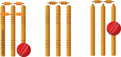 Cricket sport equipment icon set featuring wooden stumps, bails, and red ball for game, tournament, and outdoor sports concepts