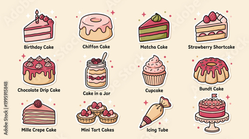 A delightful collection of various sweet desserts and baked goods, including cakes, cupcakes, and tarts, presented in a charming illustration.