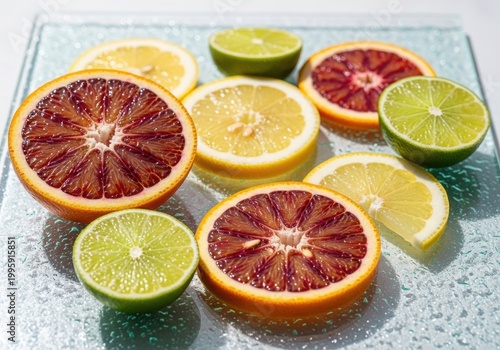 Vibrant citrus and blood orange slices on a reflective surface