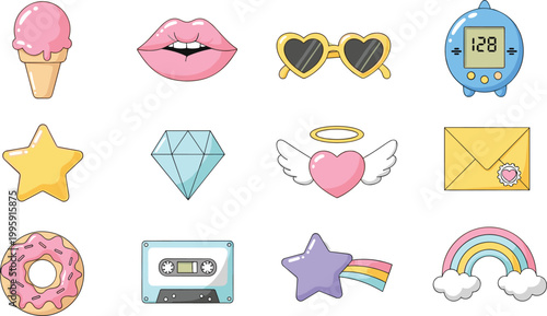 Cute kawaii icon set featuring ice cream, lips, sunglasses, digital watch, star, diamond, cassette, donut, rainbow, and heart wings for playful design