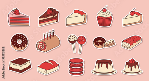 A delightful collection of various sweet desserts and pastries, including cakes, cupcakes, donuts, and more, presented on a pink background.