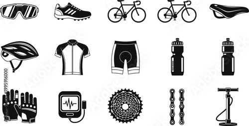 Cycling equipment silhouette vector set featuring bicycle, helmet, shoes, gloves, jersey, chain, gear, pump, and sports accessories in black style