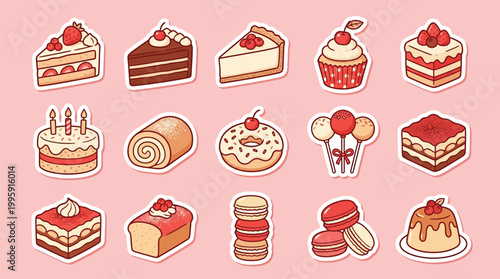 A delightful collection of cute cartoon dessert stickers, featuring various cakes, pastries, donuts, and sweet treats on a pink background.