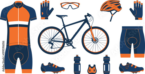 Cycling gear and equipment vector set featuring road bike, helmet, gloves, jersey, shorts, shoes, water bottles, and accessories in sporty style