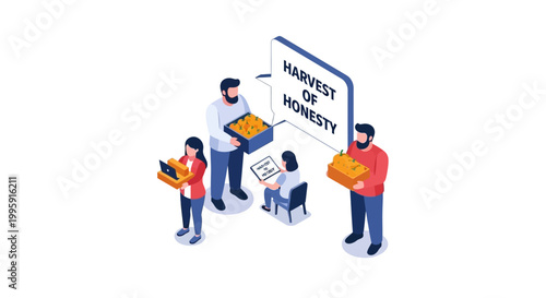 Isometric Illustration of People Harvesting Honesty and Integrity.