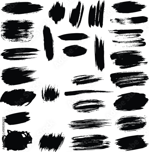 Group of bold black paint brush strokes and smudges with brush stroke