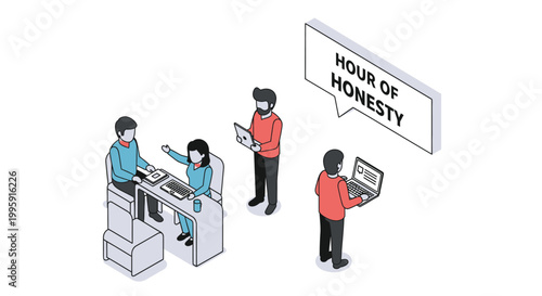 Isometric Illustration of People in a Business Meeting Discussing Honesty.