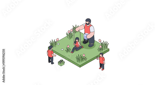 Isometric Illustration of People Gardening Together in a Green Field.