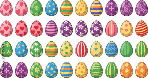 Easter egg pattern icon set featuring colorful decorated eggs with floral, striped, and dotted designs for spring holiday and festive celebration concepts
