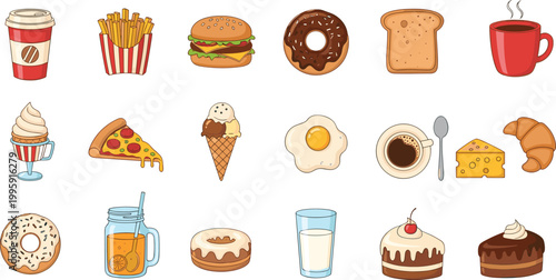 Fast food and breakfast icon set featuring burger, fries, donut, toast, coffee, pizza, cupcake, croissant, eggs, and dessert items for menu concepts