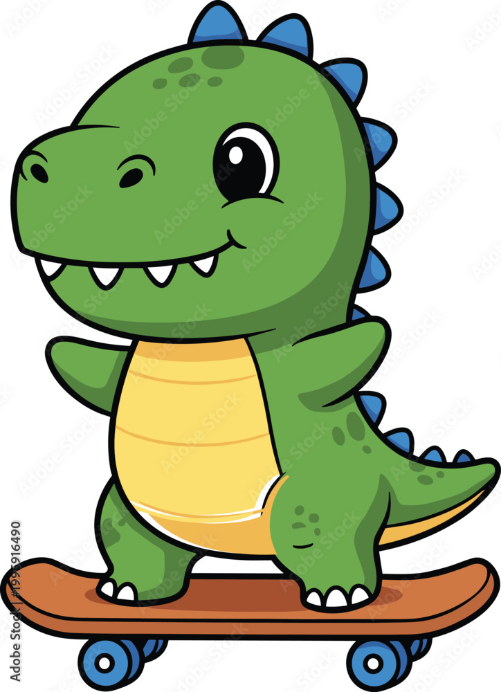Fototapeta premium Cartoon Dinosaur Character on Skateboard for Kids' Fun and Active Designs