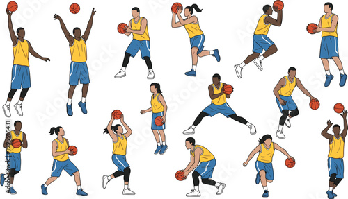 Large collection of basketball player vector illustrations featuring male and female athletes in various poses like dribbling shooting jumping and running for sports design