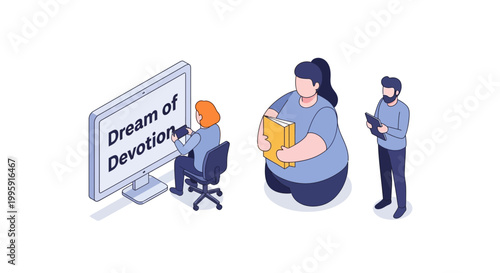 Isometric illustration of people interacting with a computer screen.