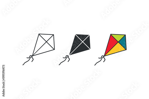 Colorful and monochrome kites in flight - geometric designs.
