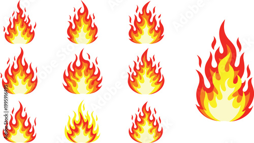 Fire flame icon set featuring burning flames, heat symbols, and blaze elements for danger, energy, hot temperature, and emergency design concepts