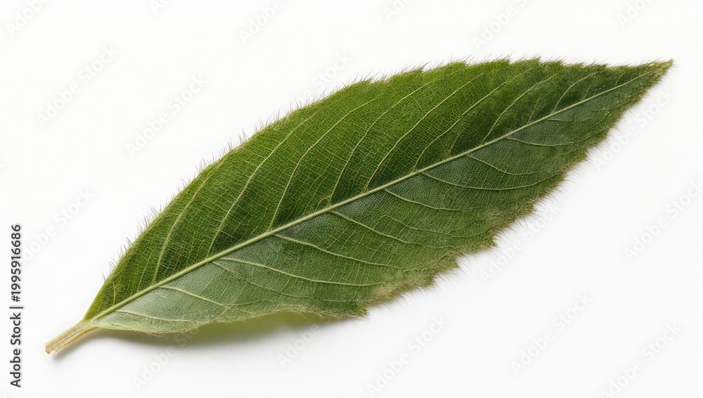 Fototapeta premium Single green leaf with prominent veins isolated on white background.