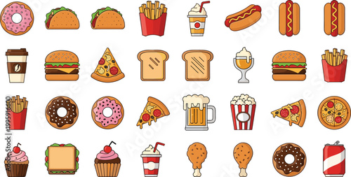 Fast food collection icon set featuring burgers, fries, pizza, hot dogs, donuts, sandwiches, drinks, and desserts for restaurant and menu design concepts