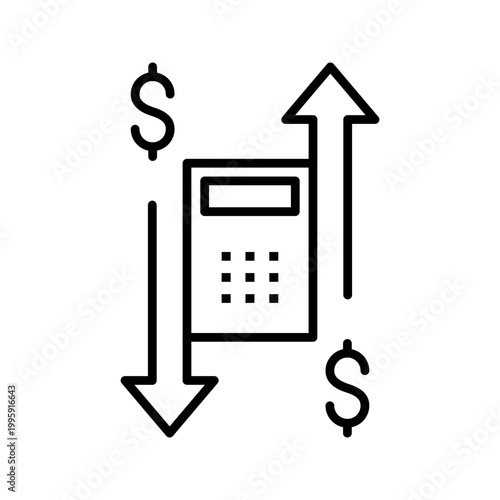 Currency devaluation icon. Business and currency line symbol. Black and white.