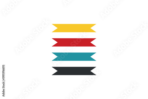 Colorful geometric ribbon pattern on white background with yellow, red, teal, black banners.