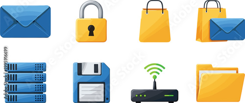 Flat technology and business icon set including email envelope, security lock, shopping bag, server storage, floppy disk, wifi router and folder symbols