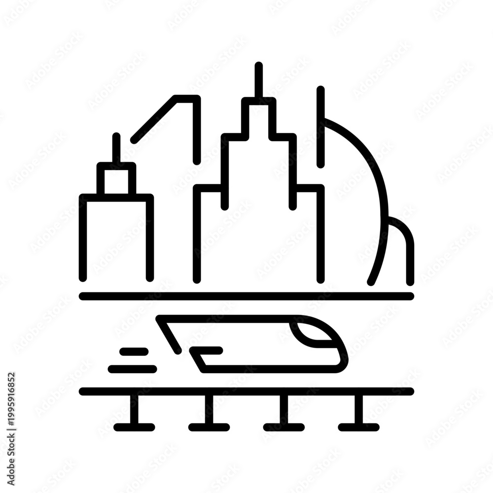 Fototapeta premium Hyperloop train icon. Industry and high speed rail line symbol. Black and white.