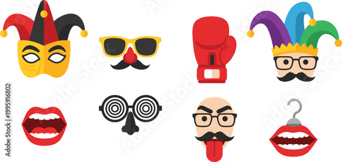 Funny party and disguise icon set featuring masks, glasses, lips, boxing glove, jester hat, and comic faces for carnival, humor, and celebration themes