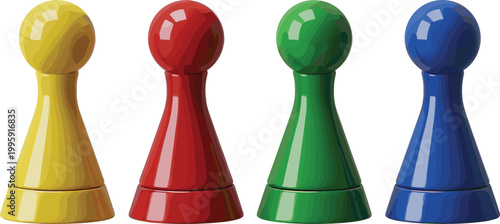 Glossy board game pawn pieces icon set featuring colorful player tokens in yellow, red, green, and blue for tabletop gaming concepts