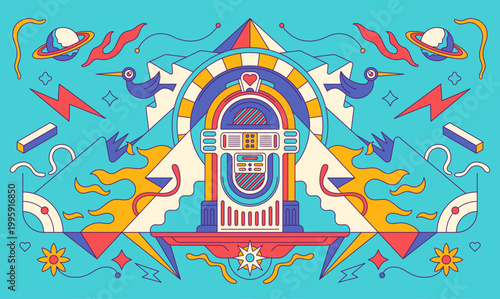 Bild auf Leinwand Psychedelic geometric illustration of a vintage jukebox with vibrant color abstract elements and symmetrical composition