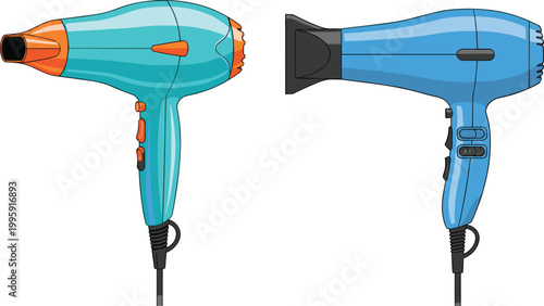 Hair dryer icon set in flat design featuring colorful electric blow dryers for beauty salon, hairstyling, grooming, and personal care equipment concepts