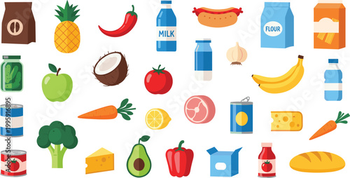 Grocery food and beverage icon set featuring fruits, vegetables, milk, juice, bread, cheese, and pantry items for healthy diet and kitchen concepts