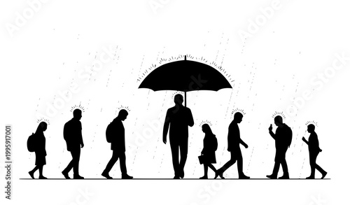 Umbrella shadow protection concept vector illustration person sheltered from rain among crowd risk and safety metaphor isolated on white