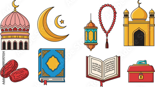 Islamic culture and Ramadan icon set featuring mosque, crescent moon, lantern, tasbih beads, Quran, dates, and prayer items for religious celebration concepts