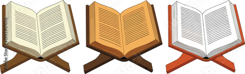 Holy Quran book icon set featuring open Islamic scripture on wooden stand for religion, worship, reading, and spiritual education concepts