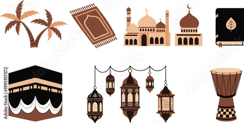 Islamic culture icon set featuring Kaaba, mosque, prayer rug, lanterns, Quran, palm trees, and traditional drum for Ramadan and religious themes