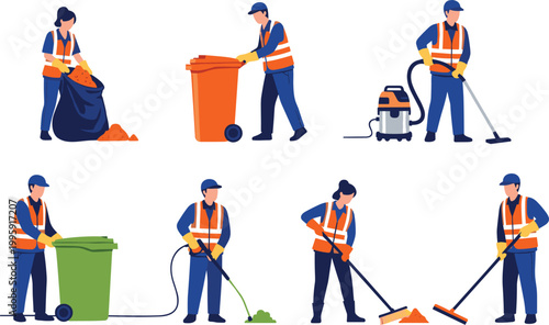Cleaning service and waste management workers vector set featuring professional janitors and street cleaners in safety vests with vacuum brooms and trash bins