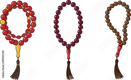Islamic tasbih prayer beads icon set featuring traditional rosary strands with tassels for dhikr, worship, meditation, and spiritual devotion concepts