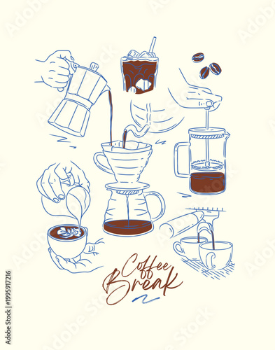 Coffee break poster with illustrated french press, cappuccino, espresso, americano, ice latte, beans, drip hot drink silhouettes drawing in graphic art style on light background