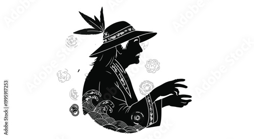 Mysterious figure in ornate hat with swirling patterns and floral elements