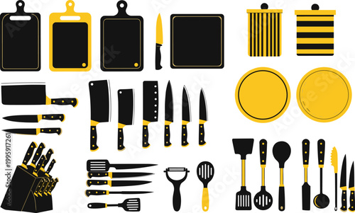 Kitchen utensils and cutting tools icon set featuring knives, cutting boards, spatulas, peelers, and cookware for cooking, food preparation, and culinary concepts