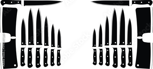 Kitchen knife set silhouette featuring chef knives, slicing blades, and cutting tools for cooking, culinary, and professional kitchen equipment concepts