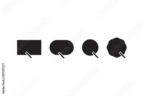 Black geometric silhouettes with keyhole openings on white background.