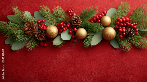 Festive horizontal Christmas border on a red background featuring evergreen pine branches, red berries, brown pinecones, and gold baubles. A classic holiday composition with copy space below.