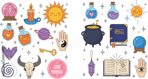 Magic and mystical icon set featuring potions, spell book, crystal, sun, moon, cauldron, tarot hand, skull, and witchcraft symbols for fantasy themes